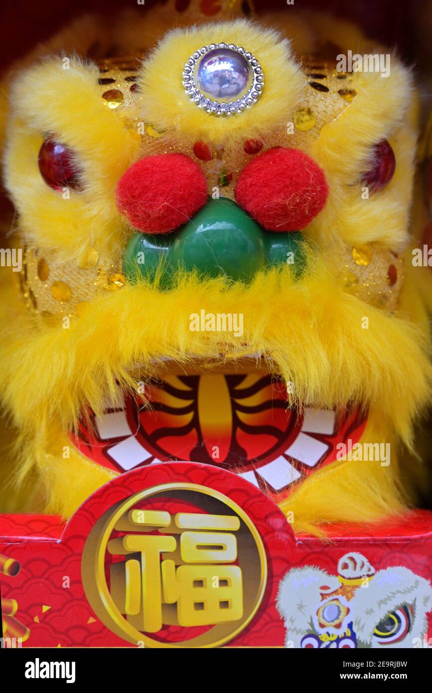 Close up of a traditional Chinese lion dance toy sold at a New