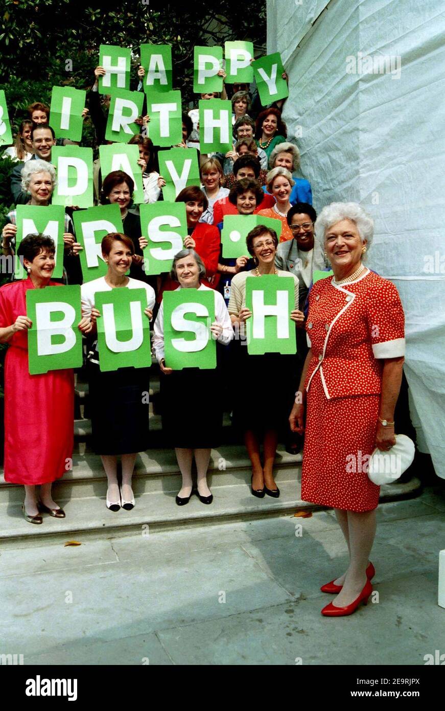 Mrs. Barbara Bush is Surprised by her Staff on the South Portico Steps. Stock Photo