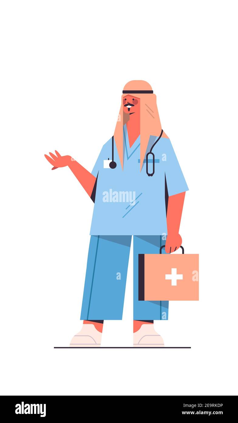 arab male doctor in uniform holding first aid kit healthcare medicine ...