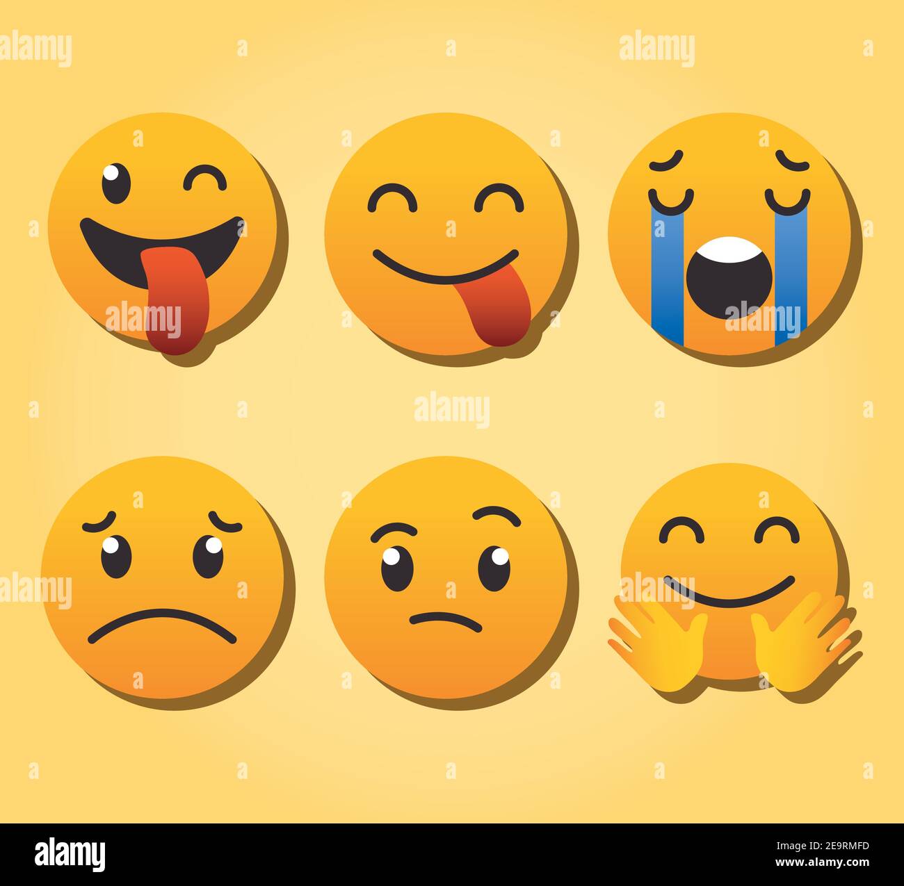 Icon set of emoji faces over yellow background, colorful design, vector