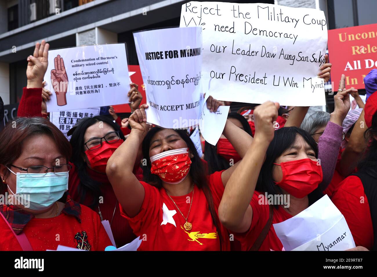 Members of the Burmese community in Taipei protest against the Myanmar military coup in Little Burma, home to many of Taiwan's Burmese immigrants, in Taipei, Taiwan, February 6, 2021. REUTERS/Ann Wang Stock Photo