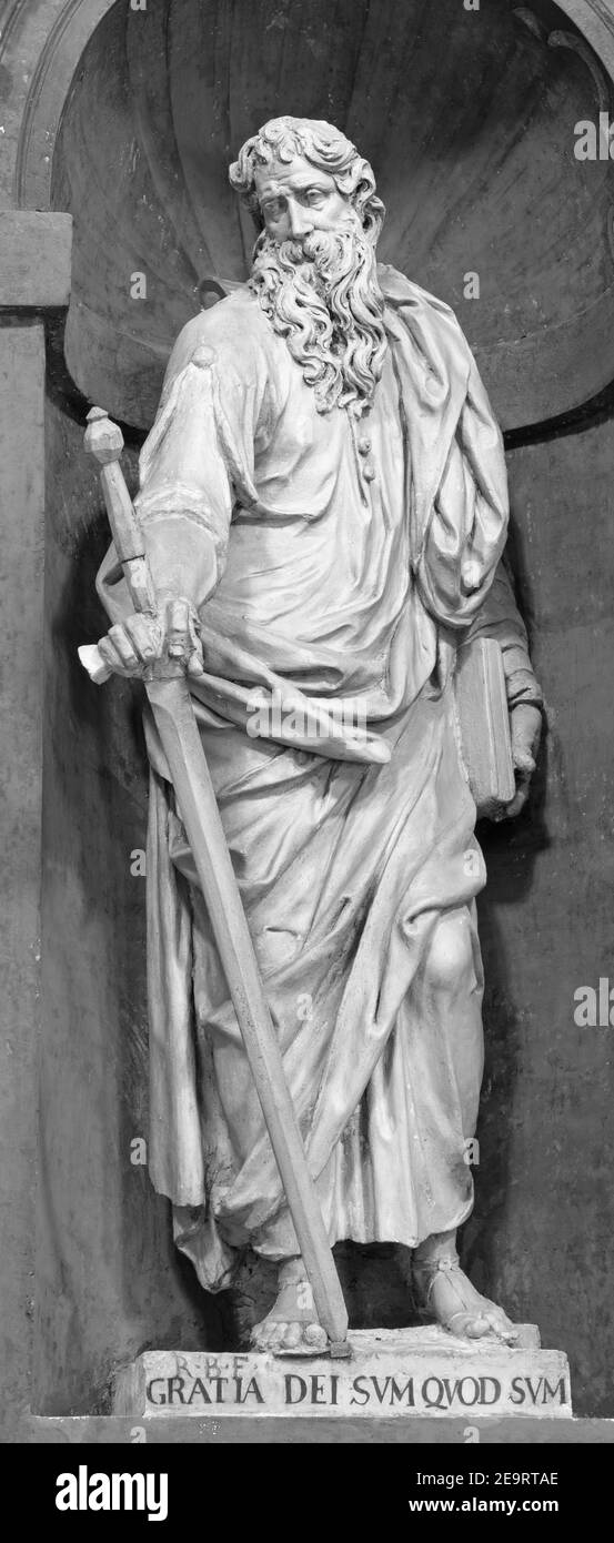 PADUA, ITALY - SEPTEMBER 10, 2014: The baroque statue of St. Paul the Apostle in the church Chiesa di San Gaetano by Ruggero Bescape from 18. cent. Stock Photo