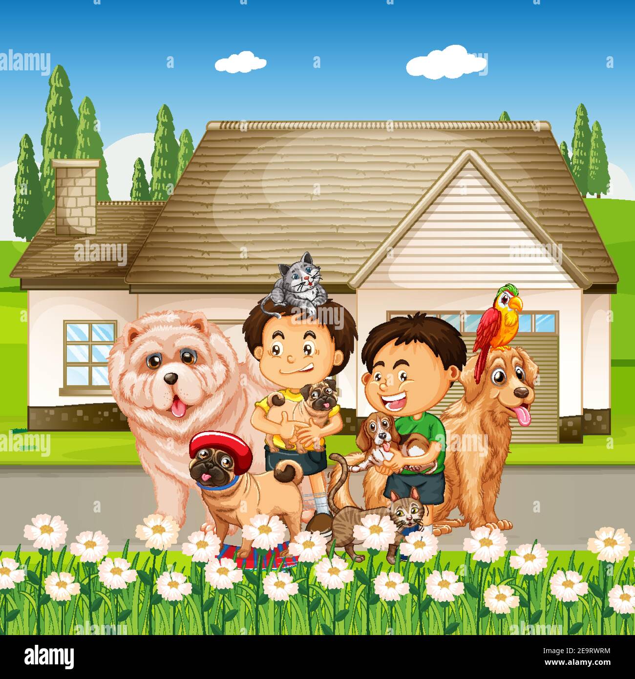 Outdoor scene with group of pet and children illustration Stock Vector ...
