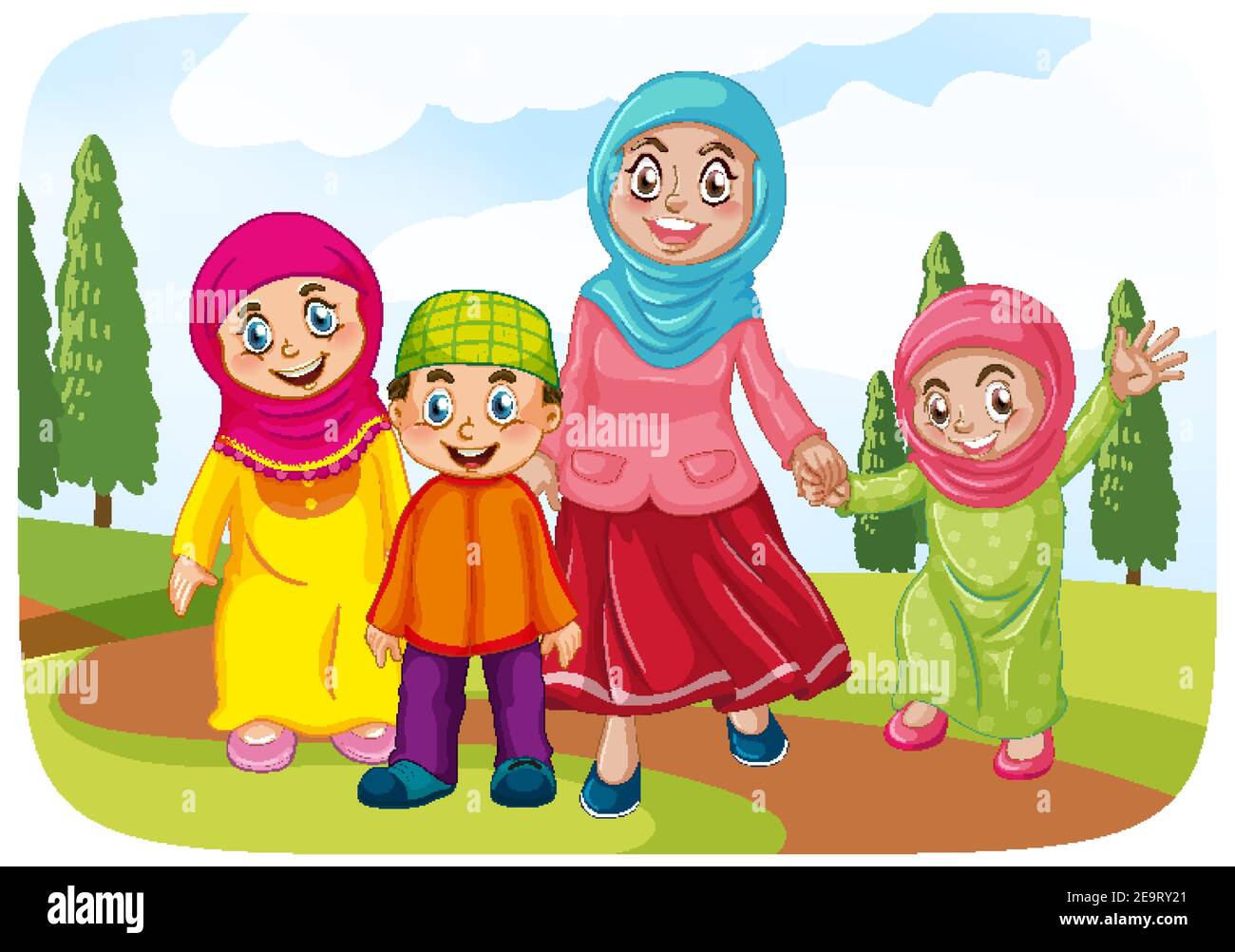 Muslim mother with her childs illustration Stock Vector