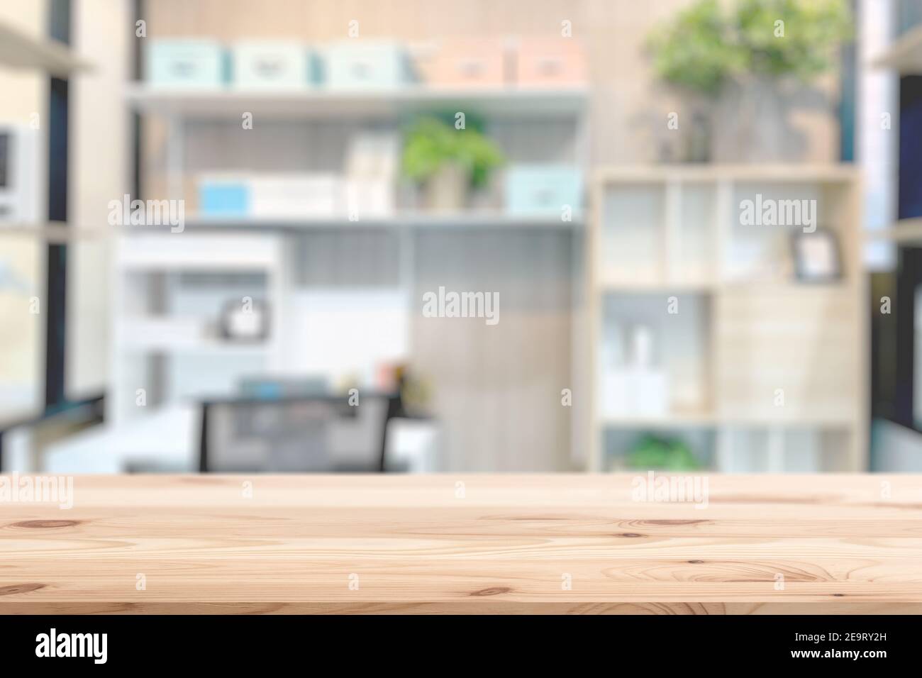 Home interior with wooden table space for home products advertising ...