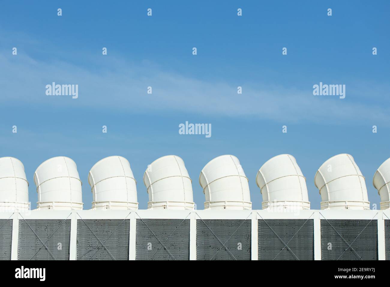 HVAC Air cooling tower outdoor large scale air conditioner chilling units at building rooftop Stock Photo