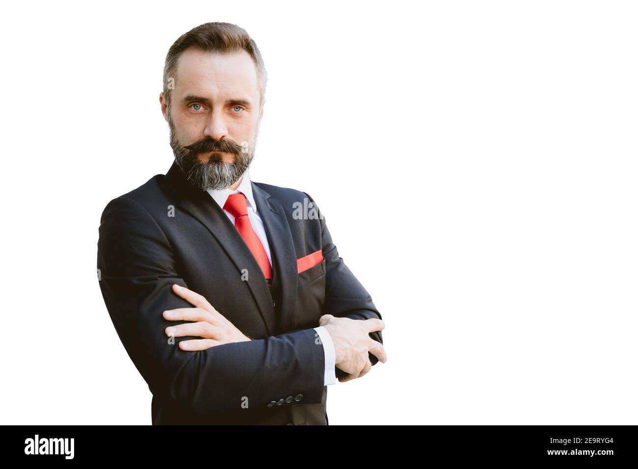 Serious Businessman Latin beard standing confidence isolated on white background with clipping path Stock Photo