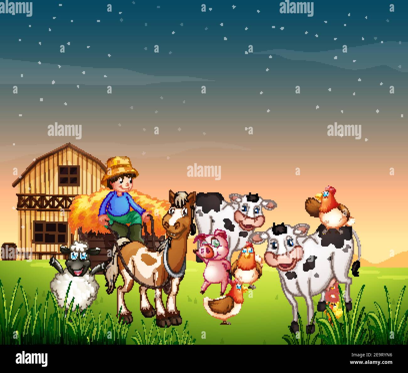 Farm scene with animal farm and blank sky illustration Stock Vector ...