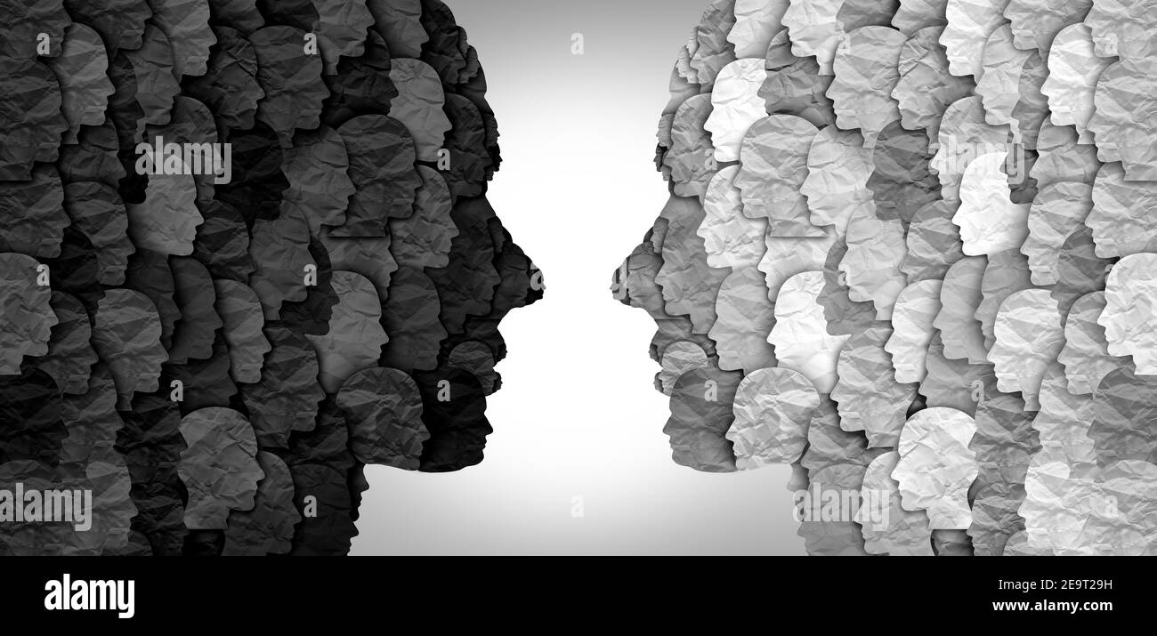 Divided social groups and culture war between conservative and liberal political clash of ideas or community psychology in a 3D illustration style. Stock Photo