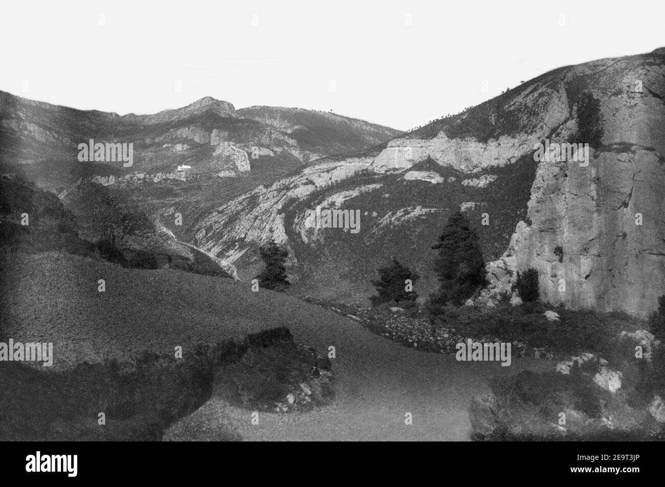 Muntanyes de la serra de Queralt i l'ermita Mare de Déu de Corbera (Restored). Stock Photo