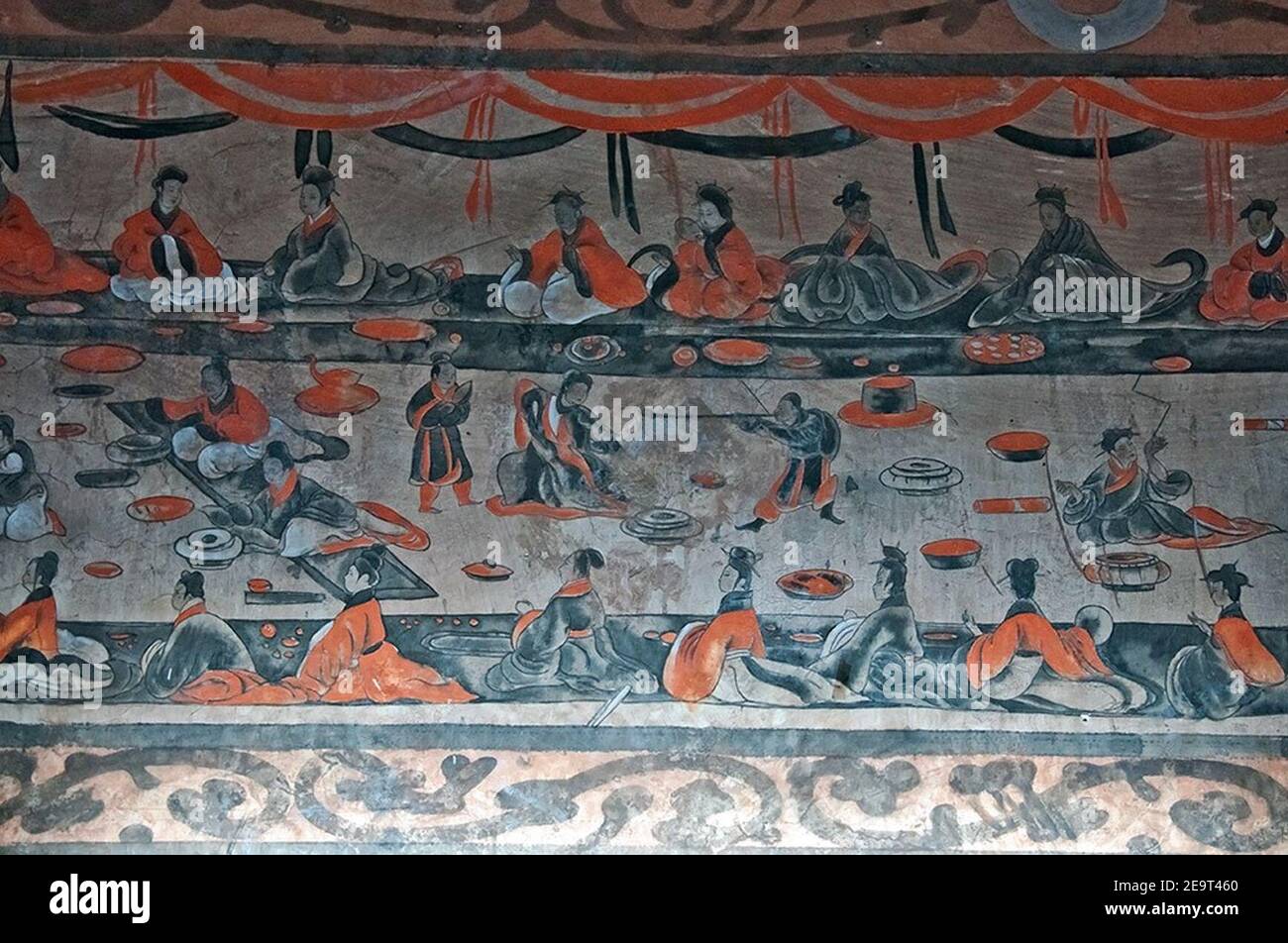 Mural Painting of a Banquet Scene from the Han Dynasty Tomb of Ta-hu-t'ing. Stock Photo