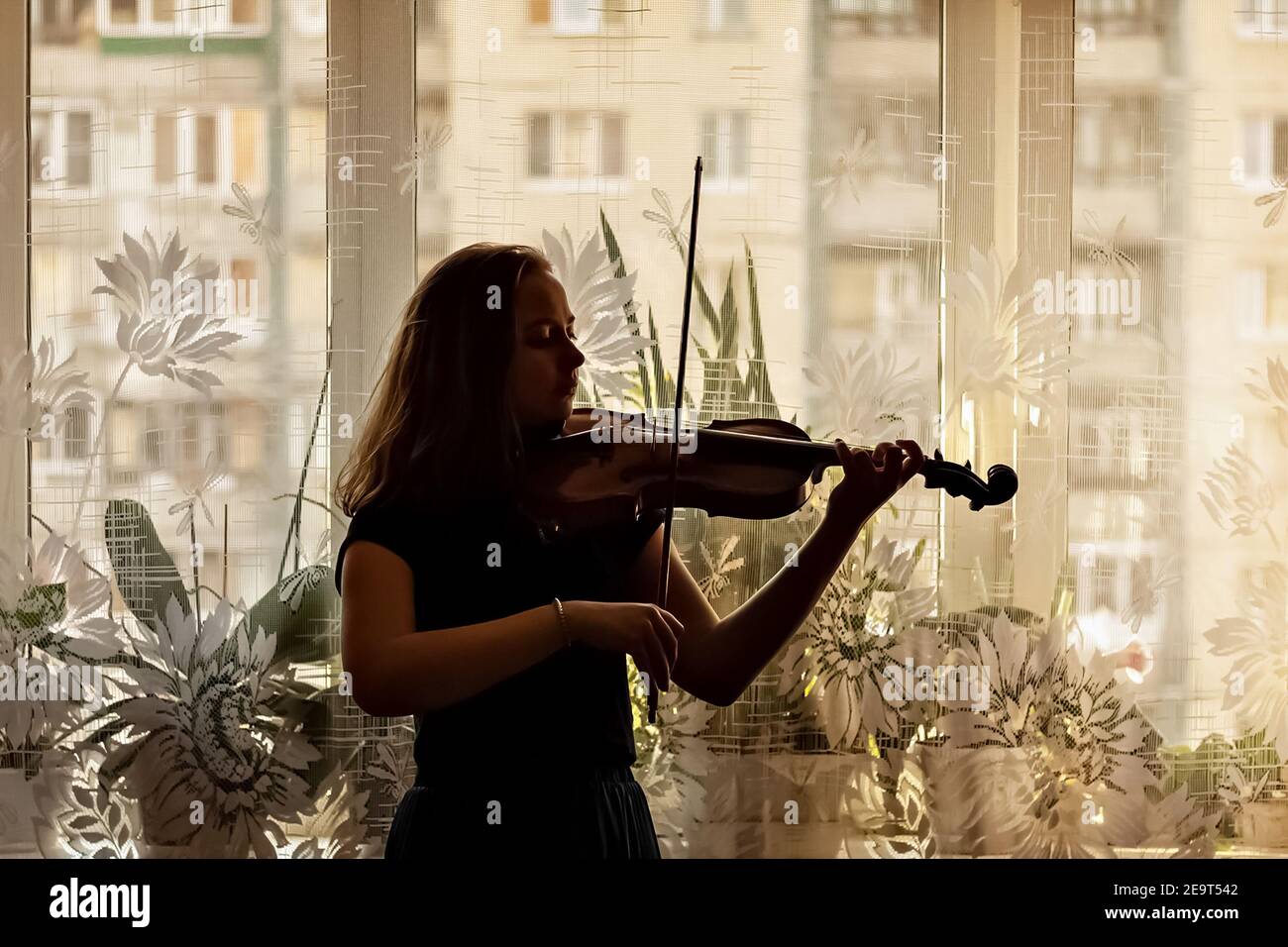 Silhouette of a young girl, a musician. Playing the violin in the background of the window. Stock Photo