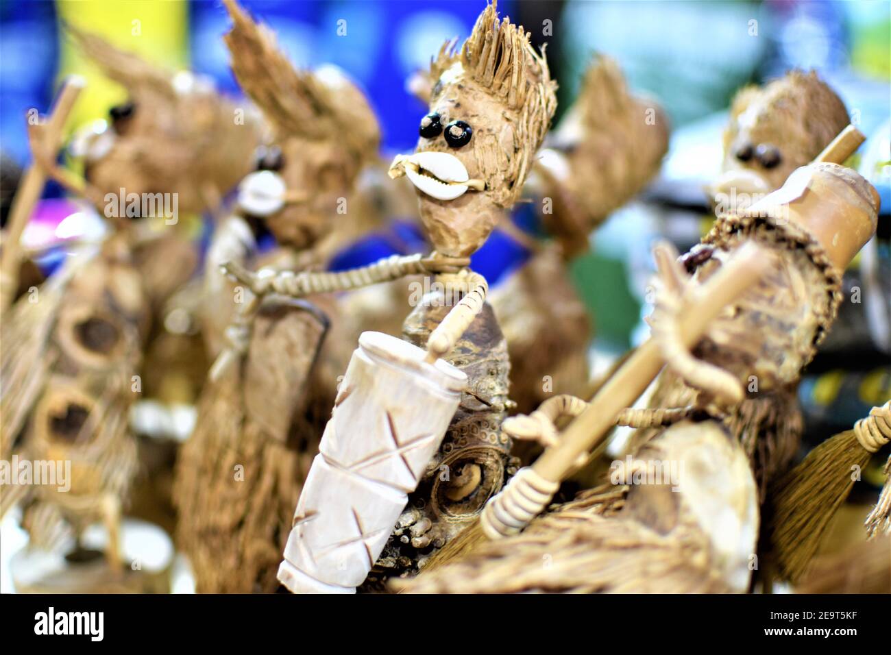 Native figures of a tribal music band made of cork, seashells, and coconut husk Stock Photo