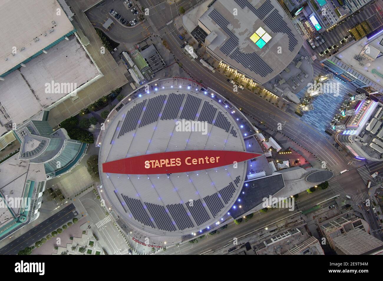 An aerial view of the Staples Center, Friday, Feb. 5, 2021, in Los Angeles. The arena is the home of the Los Angeles Lakers and LA Clippers of the NBA Stock Photo