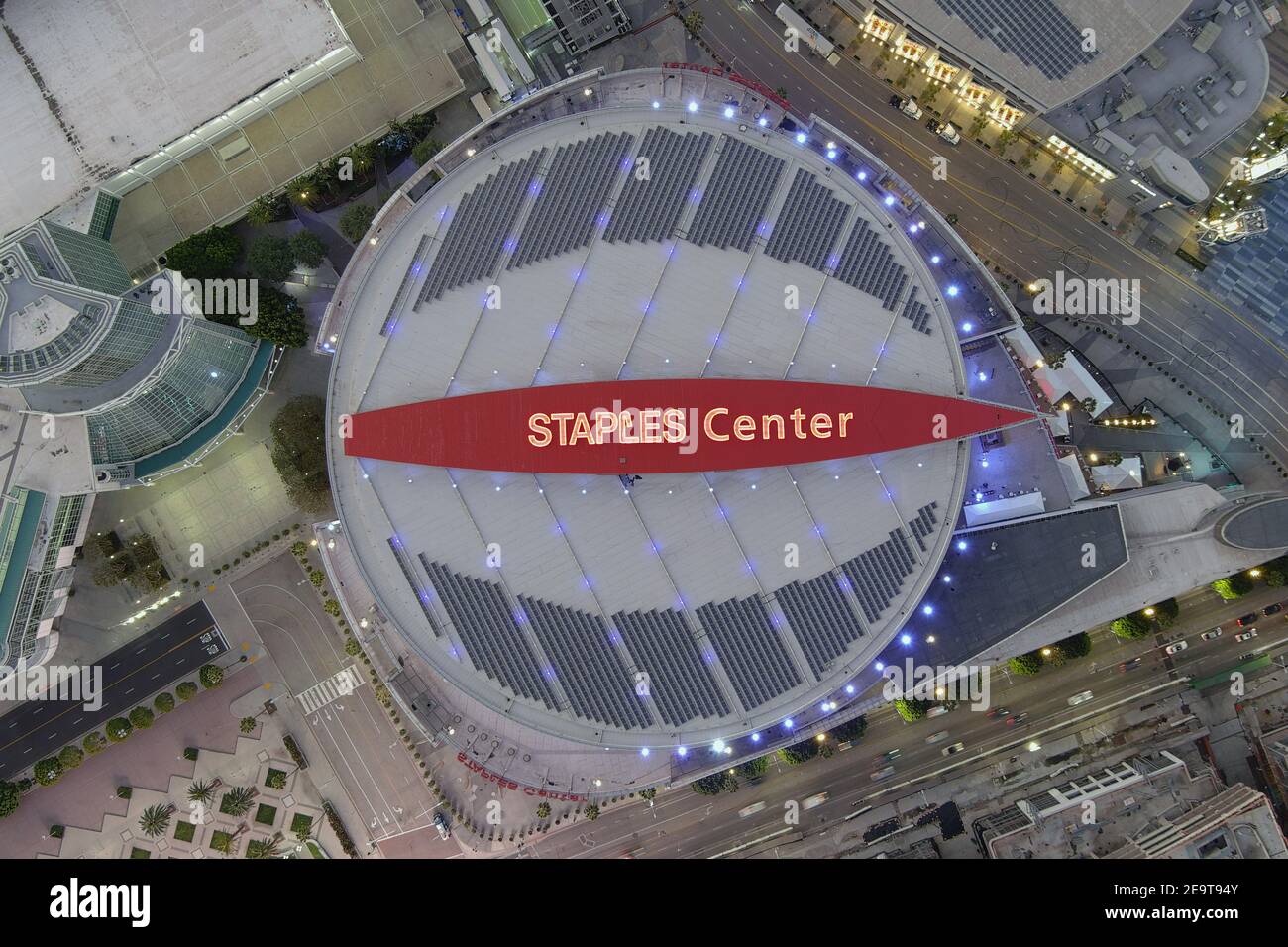 An aerial view of the Staples Center, Friday, Feb. 5, 2021, in Los Angeles. The arena is the home of the Los Angeles Lakers and LA Clippers of the NBA Stock Photo