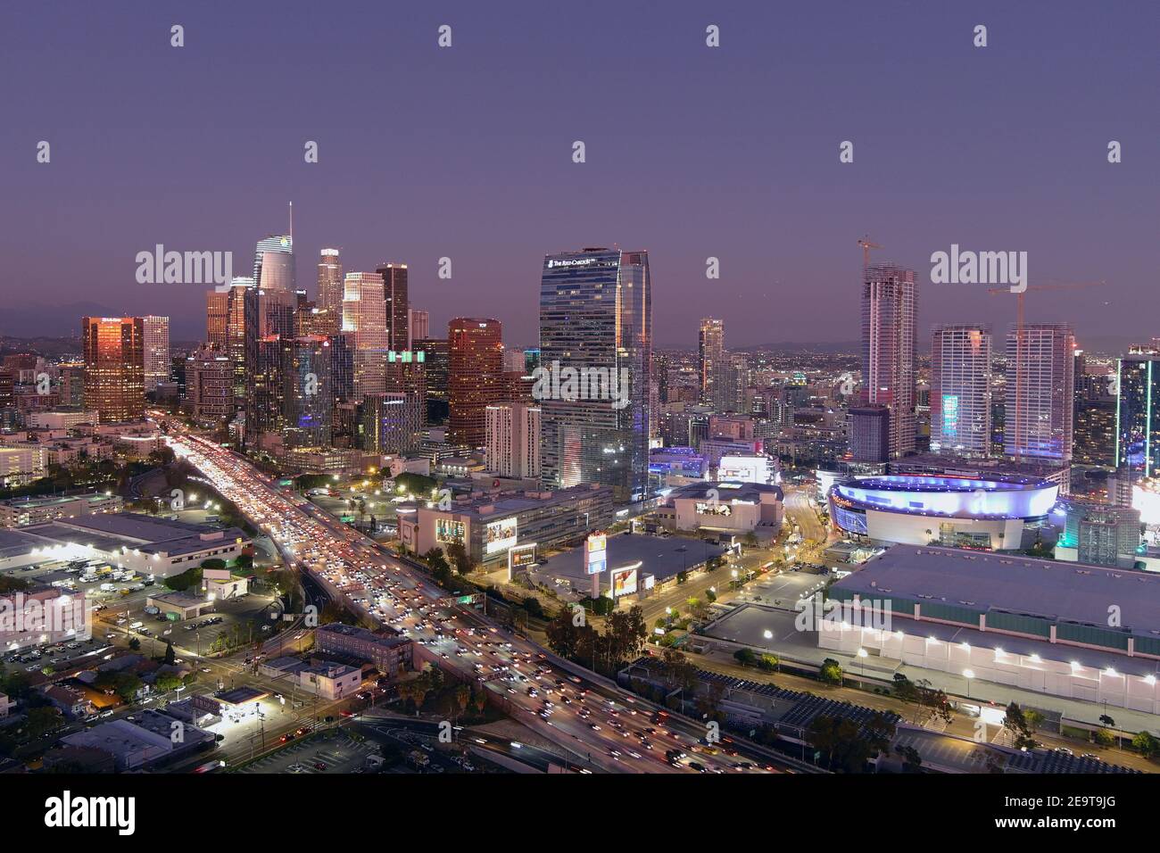 An aerial view of the Staples Center and downtown skyline, Thursday, Jan.  21, 2021, in Los Angeles. The arena is the home of the Los Angeles Lakers  an Stock Photo - Alamy