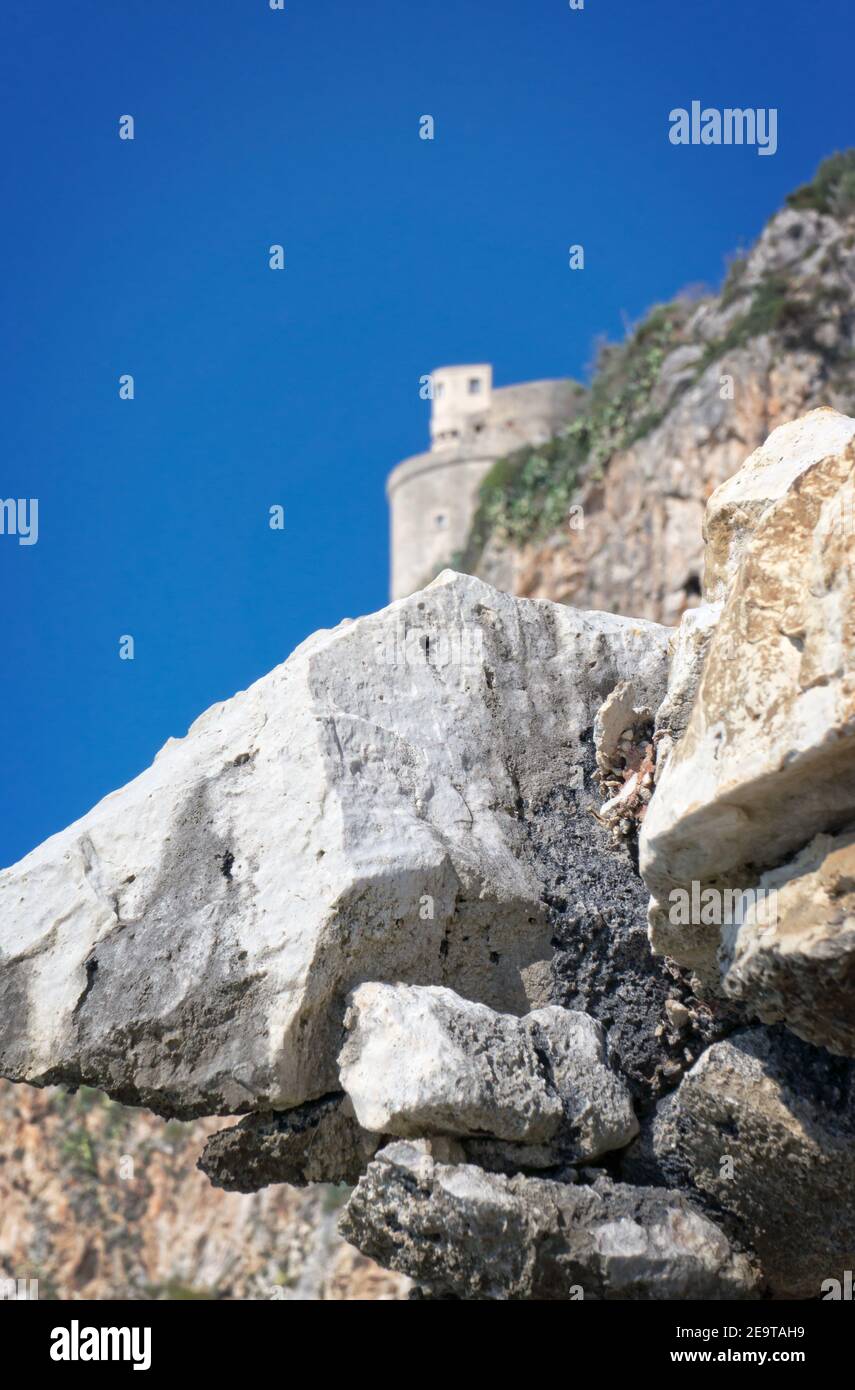 View of rocks and ancient Fico Tower- Circeo - Latina Italy Stock Photo