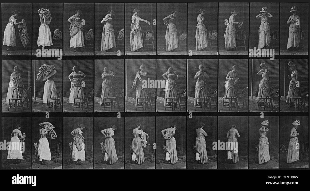 Muybridge Woman dressing 1887. Stock Photo