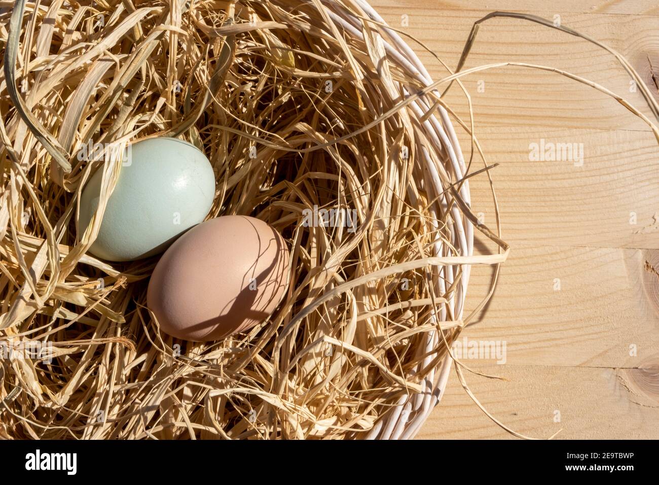 Organic Easter concept: Top view on a basket filled with straw and two natural colored eggs from the farm. Sun light falling on still life. Wood table Stock Photo