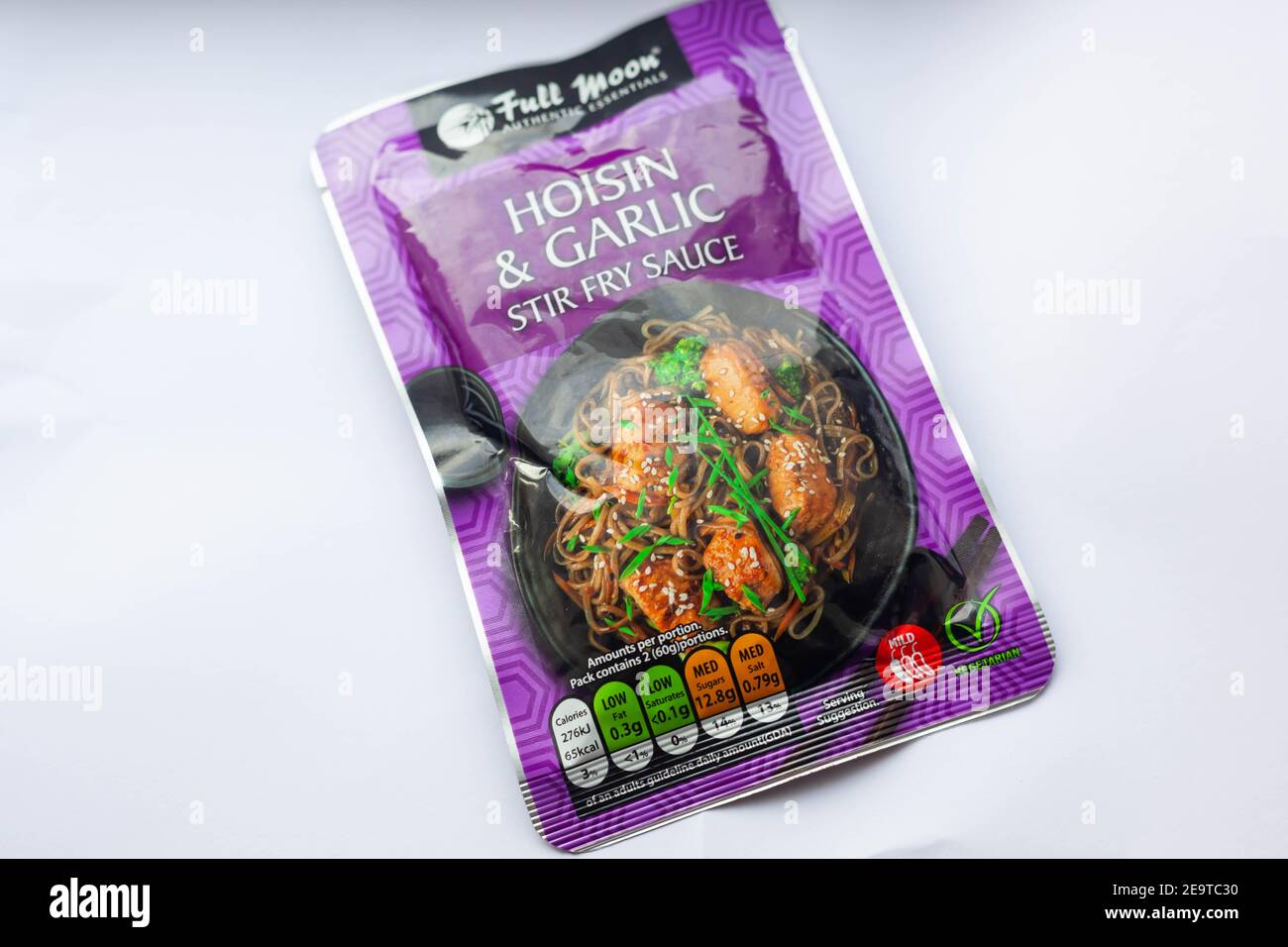 View of a sachet of Hoisin & Garlic Stir Fry Sauce on a White