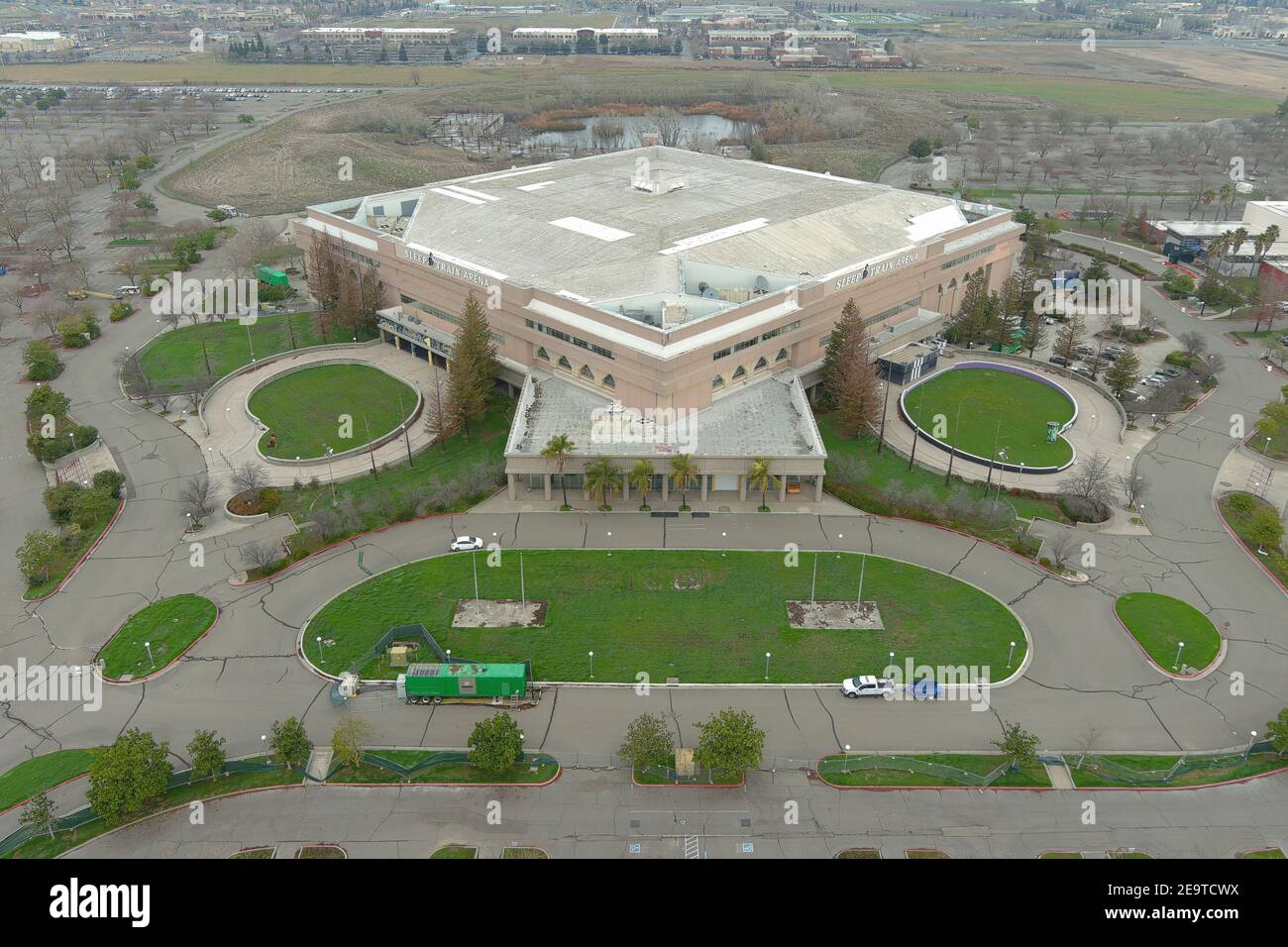 An aerial view of Sleep Train Arena, Sunday, Jan. 24, 2021, in Sacramento, Calif. Stock Photo