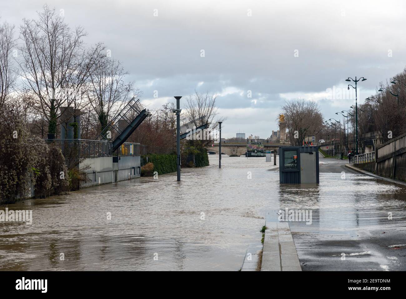 Flood of the Seine river in Paris near Pont Alexandre III Stock Photo