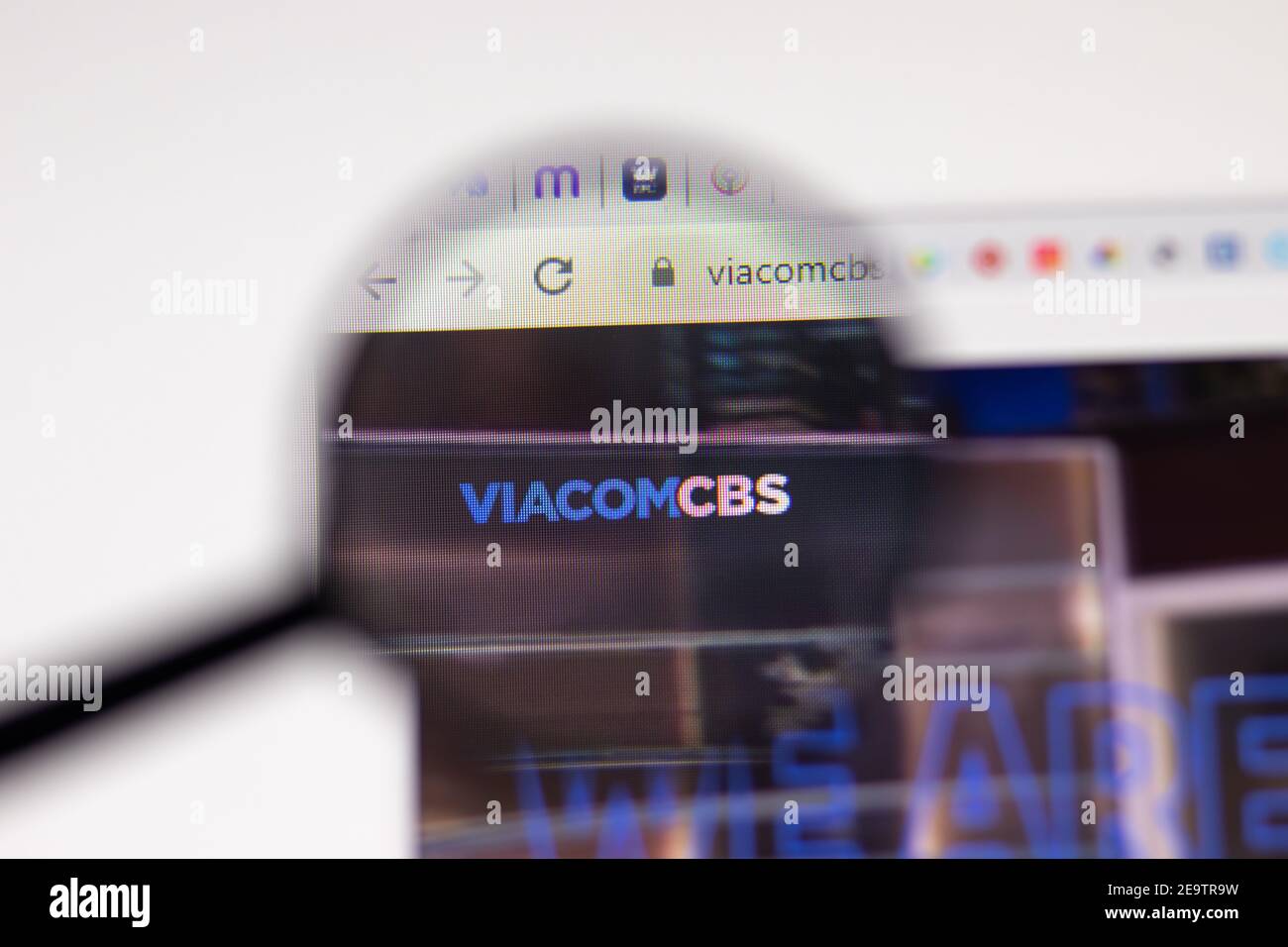 Los Angeles, USA - 1 February 2021: Viacomcbs.com website page. ViacomCBS logo on display screen, Illustrative Editorial Stock Photo