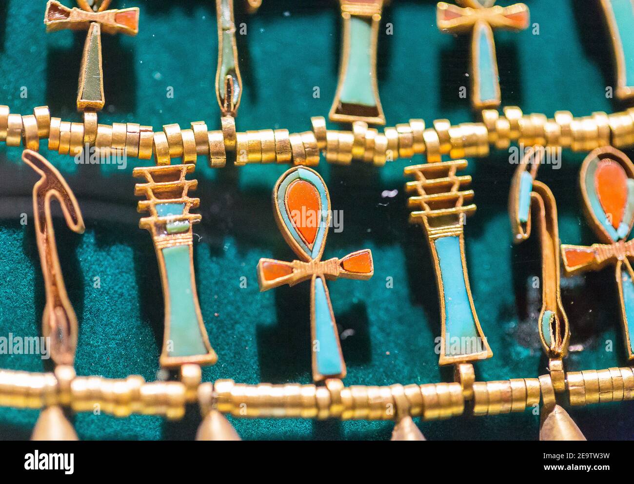 Cairo, Egyptian Museum, from the tomb of Khnumit, daughter of Amenemhat 2, Dashur : Large collar (Usekh collar) depicting beads and Ankh, Djed signs. Stock Photo