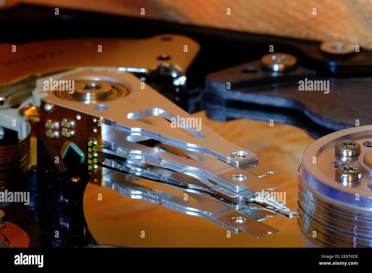 Computer hard drive read write heads in close up Stock Photo Alamy