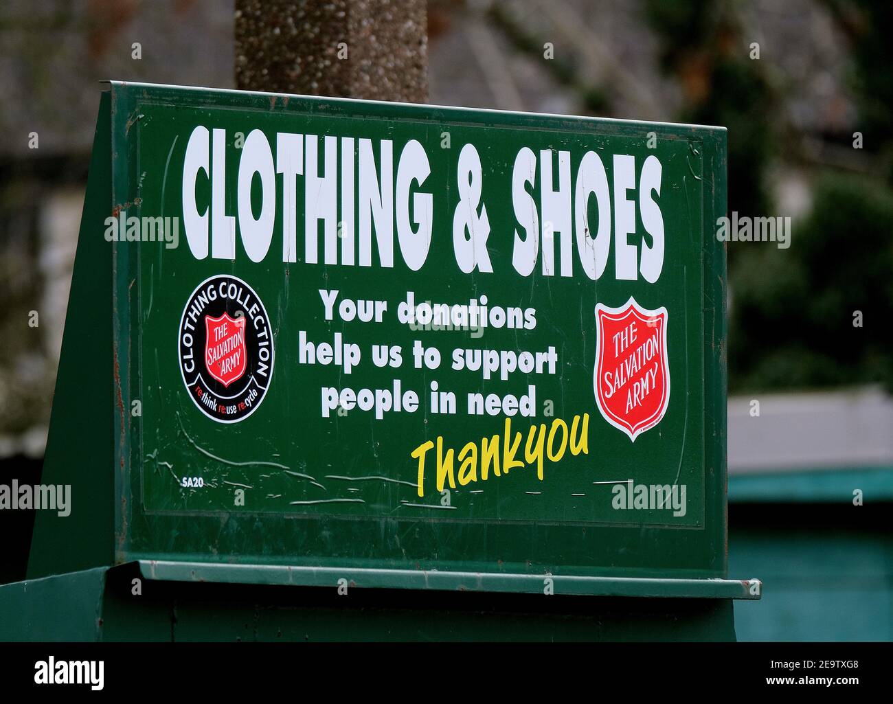 Salvation army clothing and shoe collection station in public house car park. UK. Stock Photo