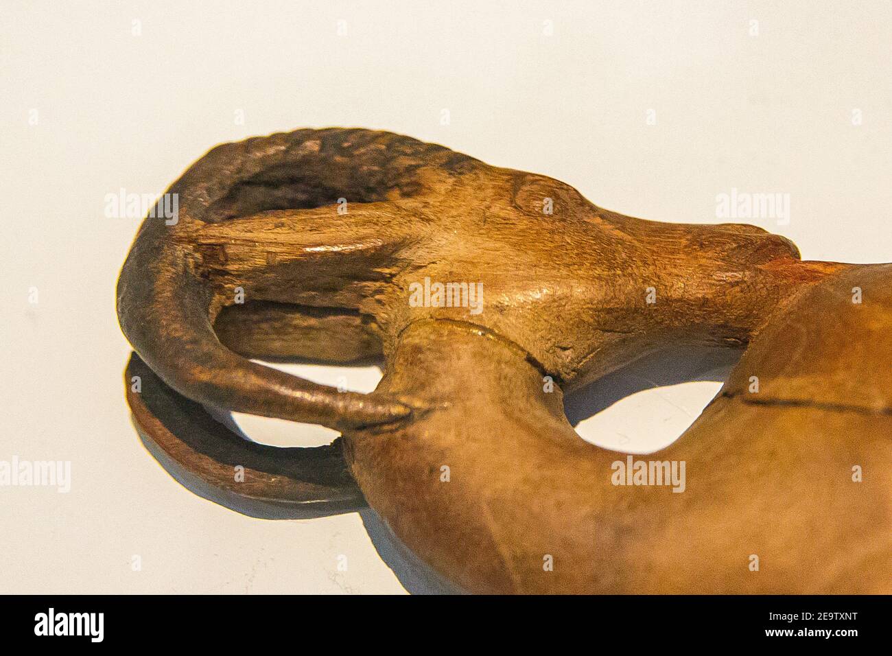 Exhibition 'The animal kingdom in Ancient Egypt', organized in 2015 by the Louvre Museum, in Lens. Offering spoon in the form of an ibex. Stock Photo