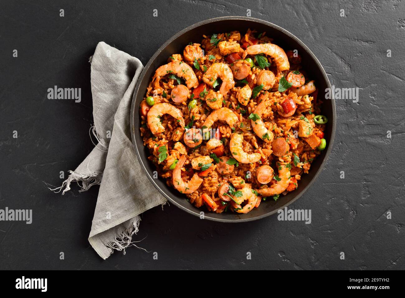 Creole style jambalaya with prawn, chicken, smoked sausages and