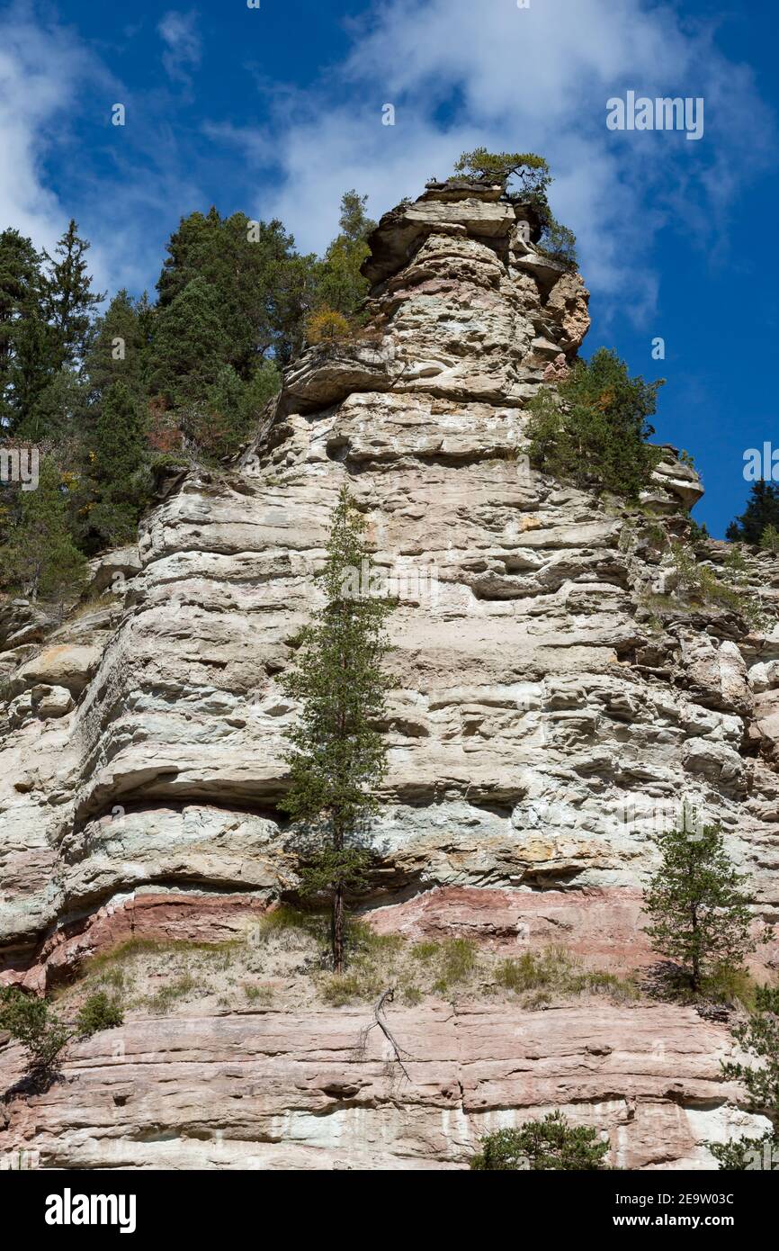 Rock tower in the Bletterbach gorge near Aldein, South Tyrol, Italy Stock Photo