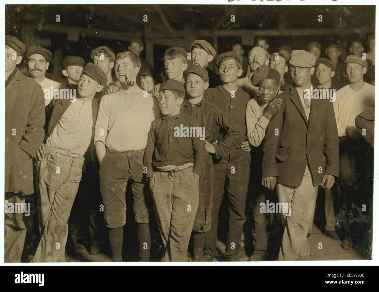 Name- A few of the workers on night shift, Cumberland Glass (Works), Bridgeton, N.J. One boy is 13 years old. Nov. 15, 1909. Stock Photo