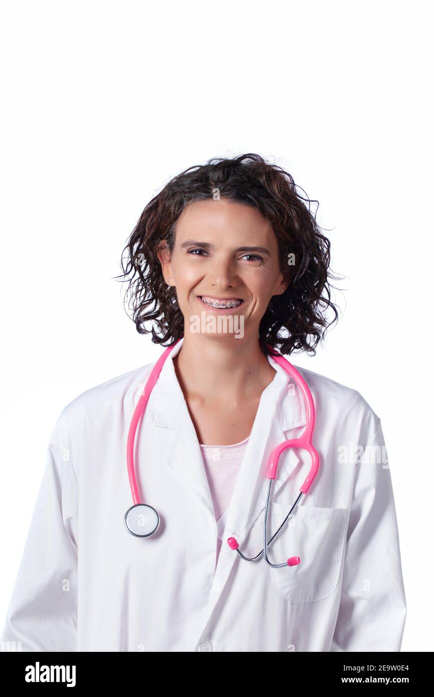 Female doctor with pink stethoscope and lab coat over a white