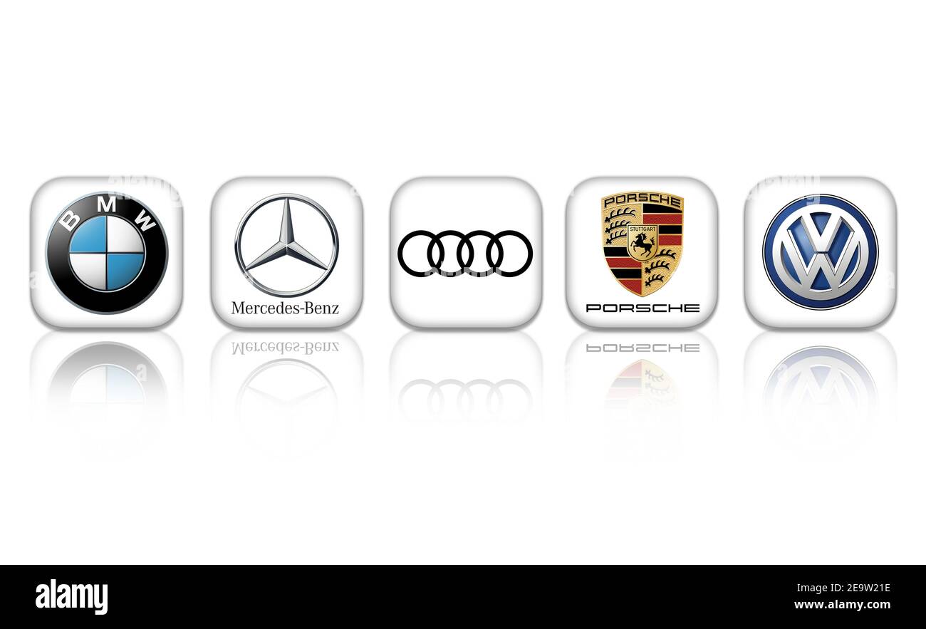 BMW Mercedes Audi Porsche Volkswagen - german biggest car producer Stock Photo