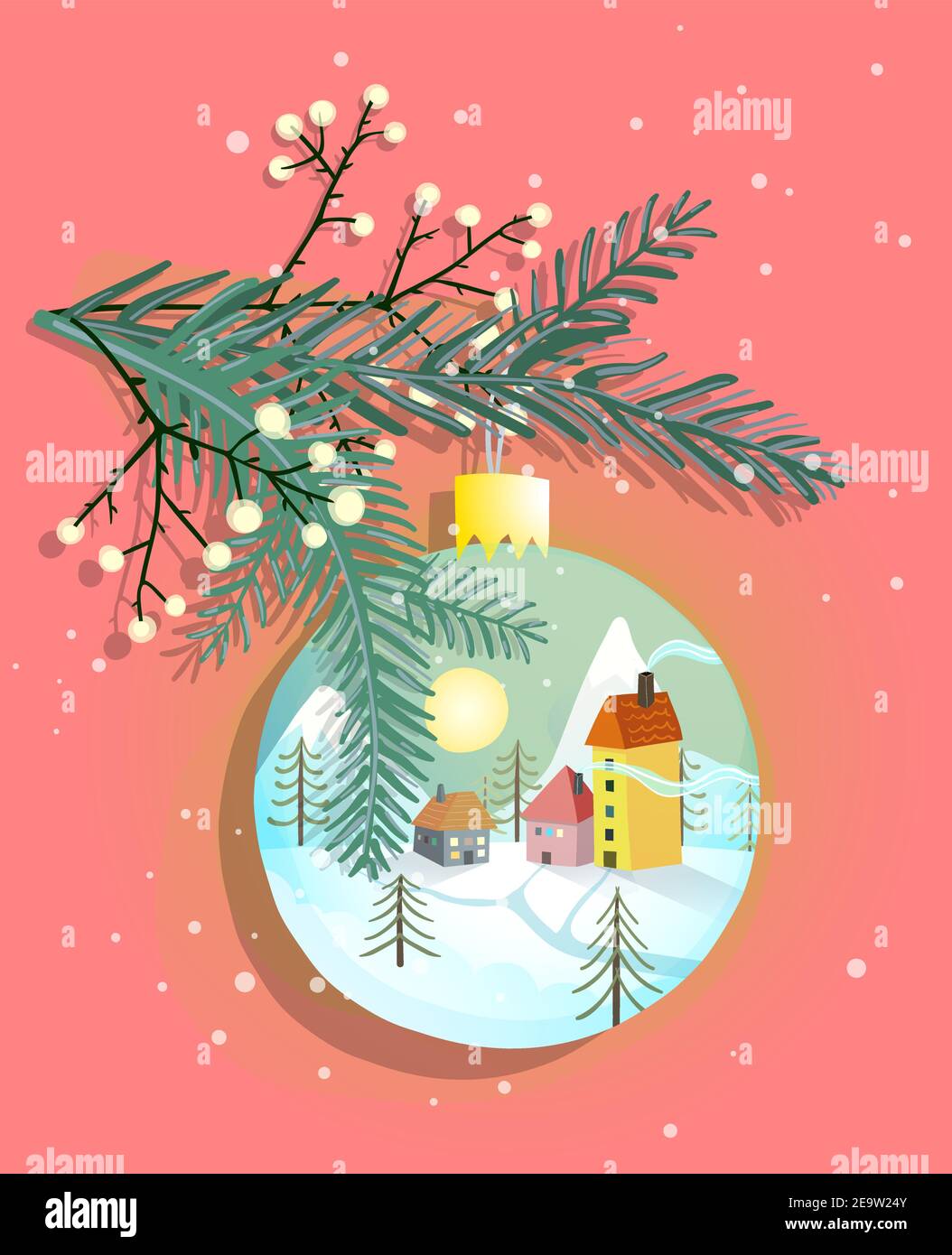 Merry Christmas ball with countryside romantic rural scenery. Stock Vector