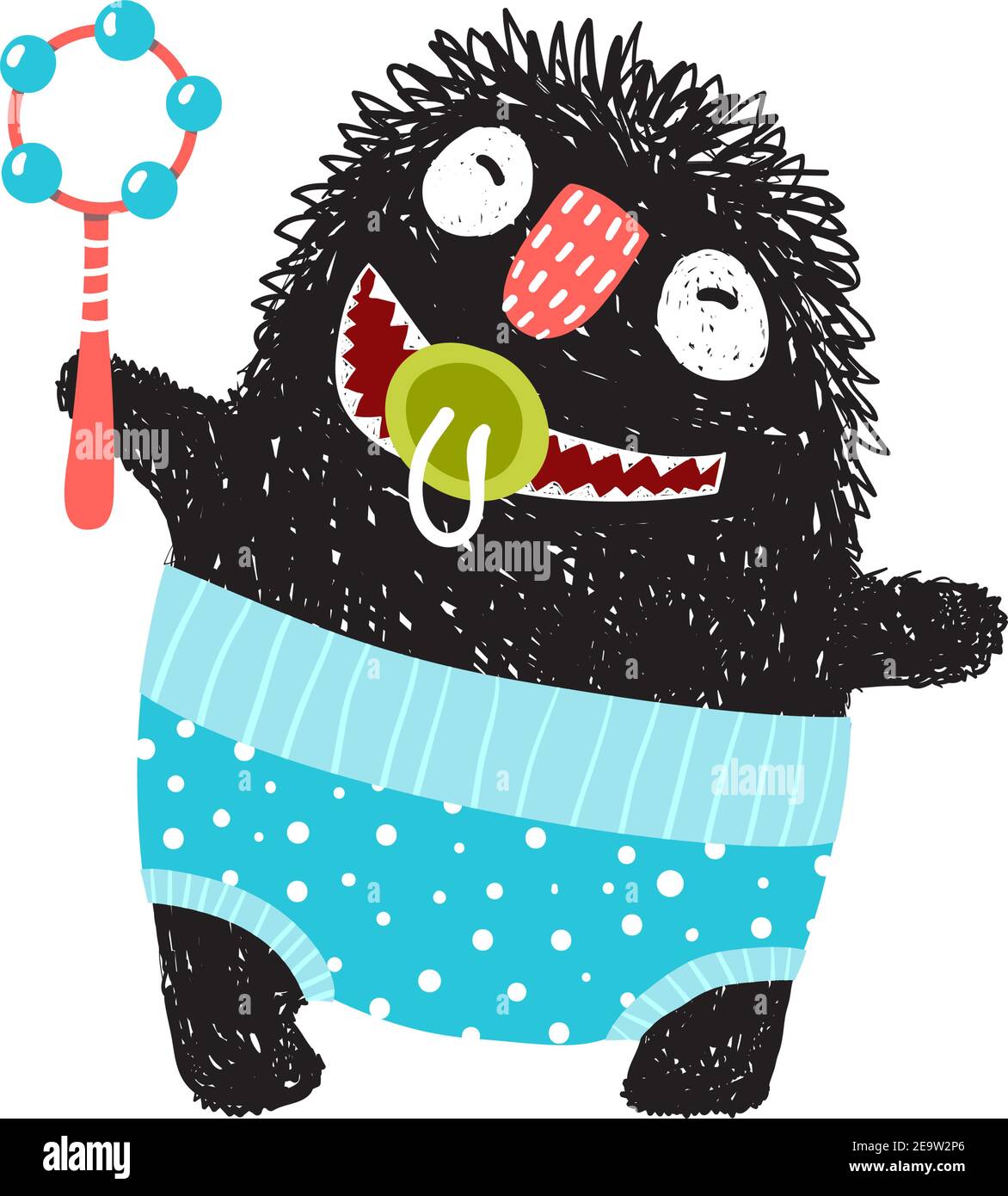 Funny hairy monster baby design with rattle smiling wearing pink nappy and dummy in the mouth open. Stock Vector