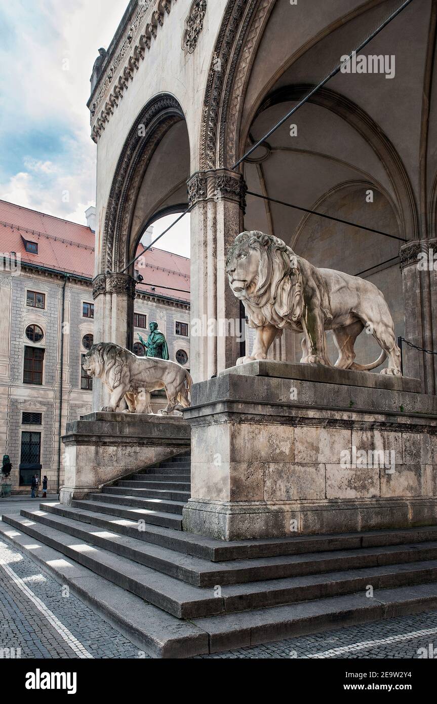 Munich - Germany, September 15, 2019: Bavarian lions in front of the Feldherrnhalle at Odeonsplatz in the state capital Munich, Bavaria. Stock Photo