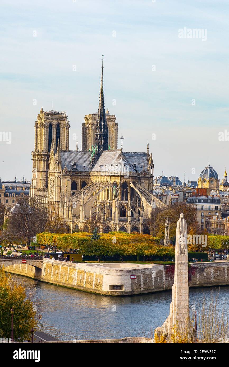 Photo taken from the 6th floor of IMA (Institut du Monde Arabe), Paris. View on Notre Dame cathedral (before fire) and Sainte-Geneviève statue. Stock Photo