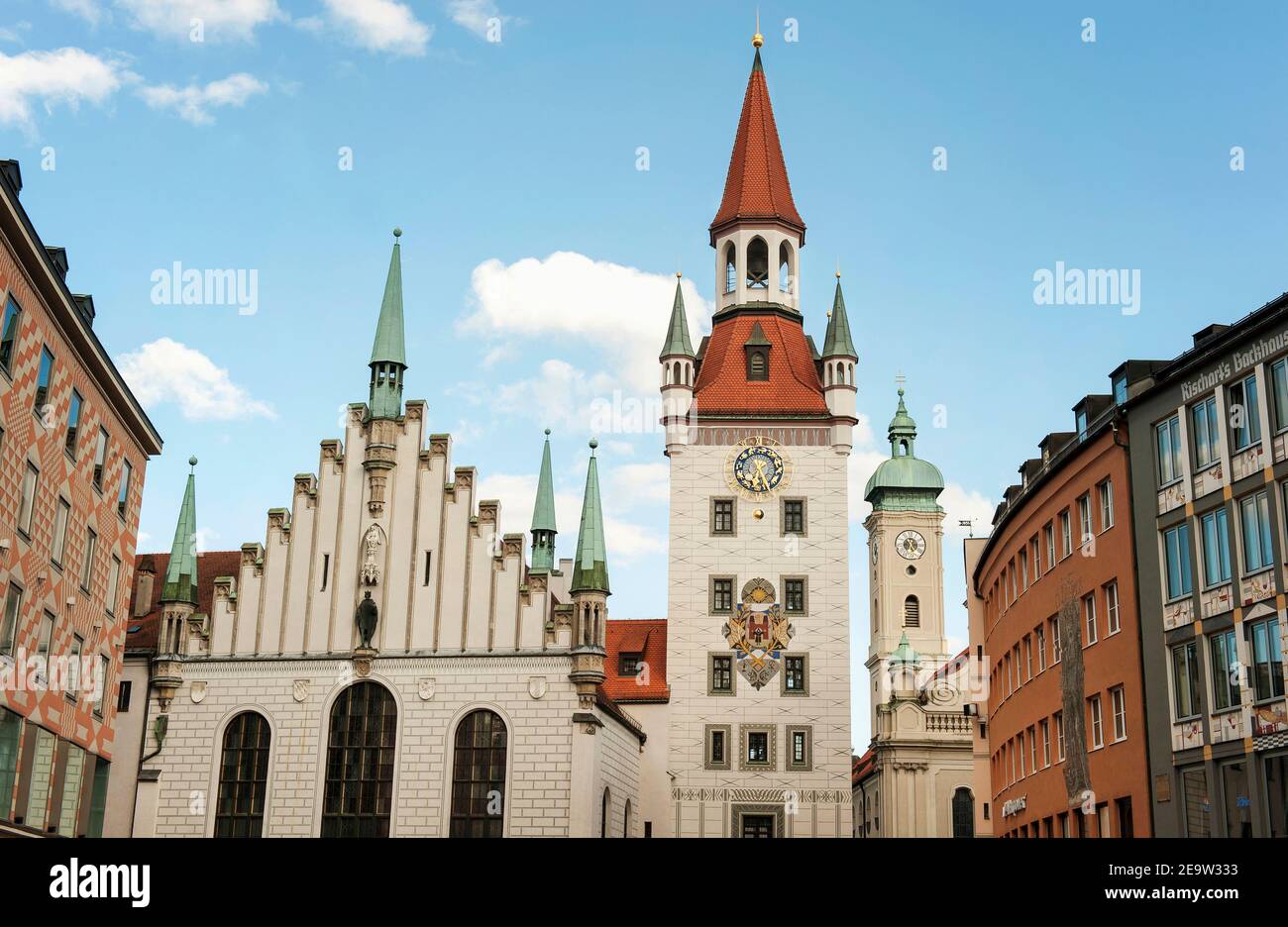 Munich-Germany, August 14, 2019: The old town hall is located right next to the new town hall in the eastern part of Marienplatz and separates it from Stock Photo