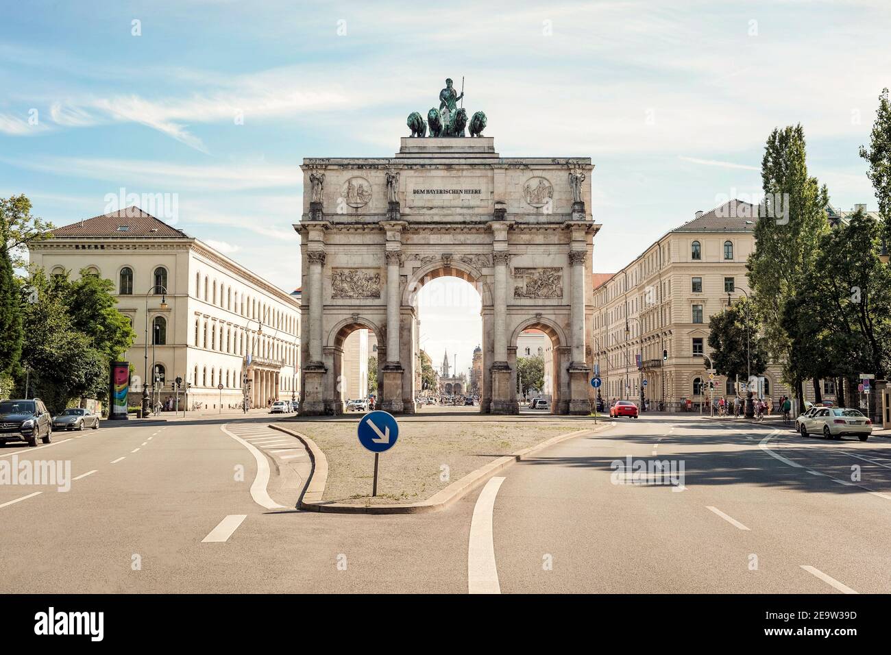 Munich-Germany, August 8, 2019: The Siegestor (Victory Gate) is an impressive triumphal arch in Munich. On the top you can see a lion-quadriga with Ba Stock Photo