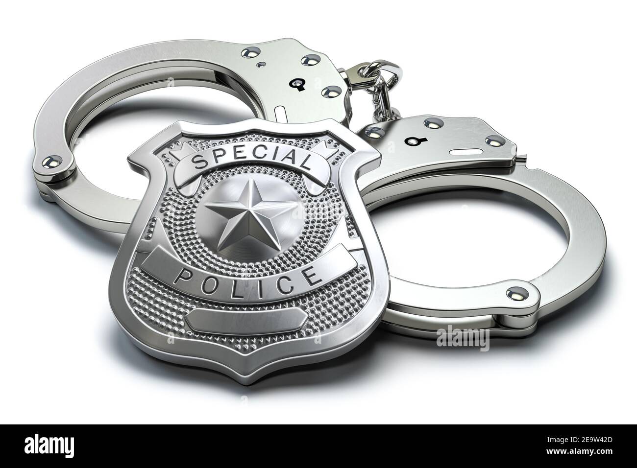 Special police badge and handcuffs isolated on white background. Law enforcement amd security. 3d illustration Stock Photo