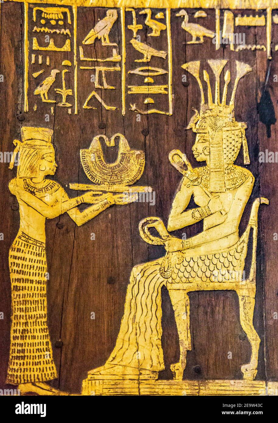Egypt, Cairo, Egyptian Museum, from the tomb of Yuya and Thuya in Luxor : Wooden chair, with plastered and gilded decorations. Stock Photo