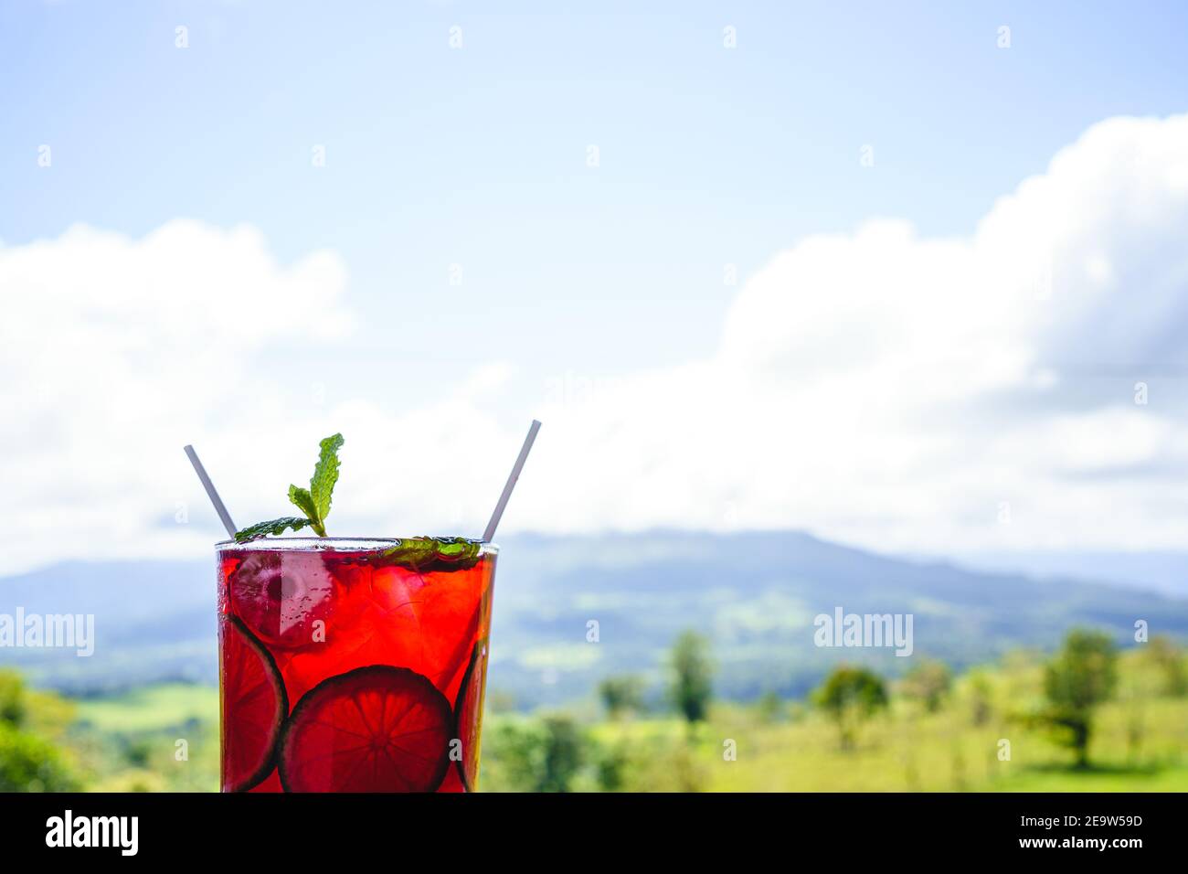 Red fruit cocktail glass decorated with lemon and mint on a wooden table with a forest in the background Stock Photo