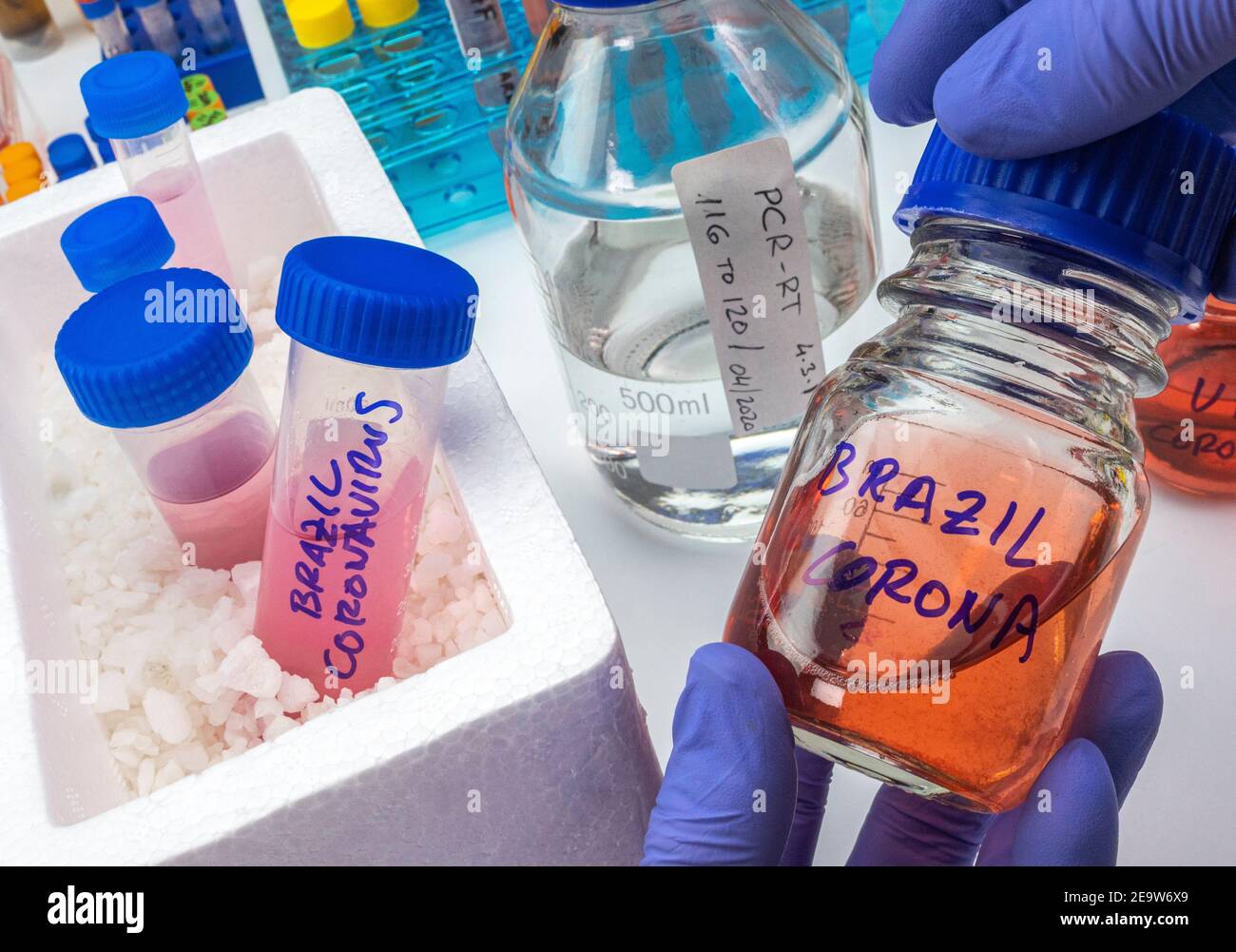 Scientist holds vial of new Brazilian covid-19 strain in research, conceptual image Stock Photo