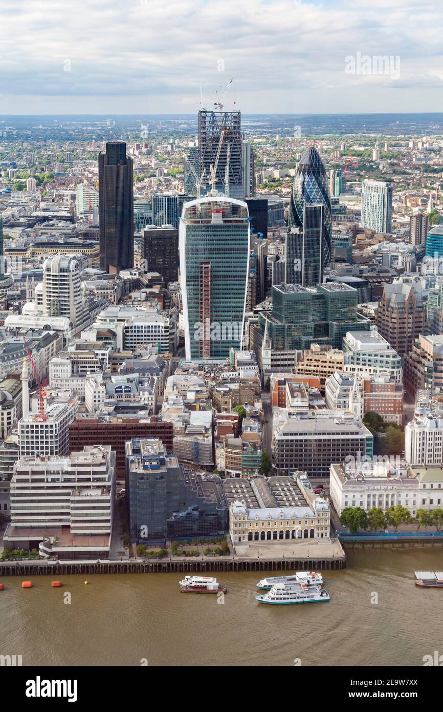 LONDON, UK - July 03, 2013. Aerial view of skyscrapers including The Walkie Talkie building in the City of London, the financial district in central L Stock Photo