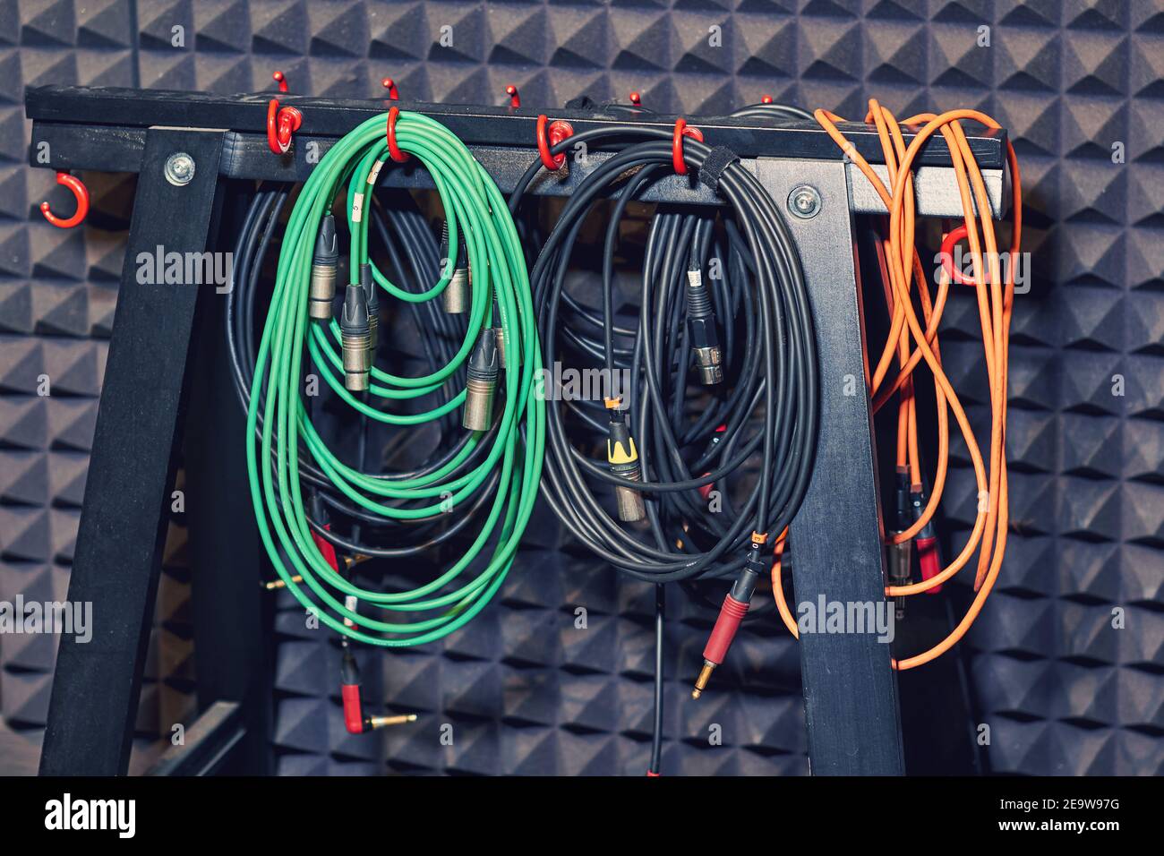 Rack wires for equipment and microphones in a recording studio Stock