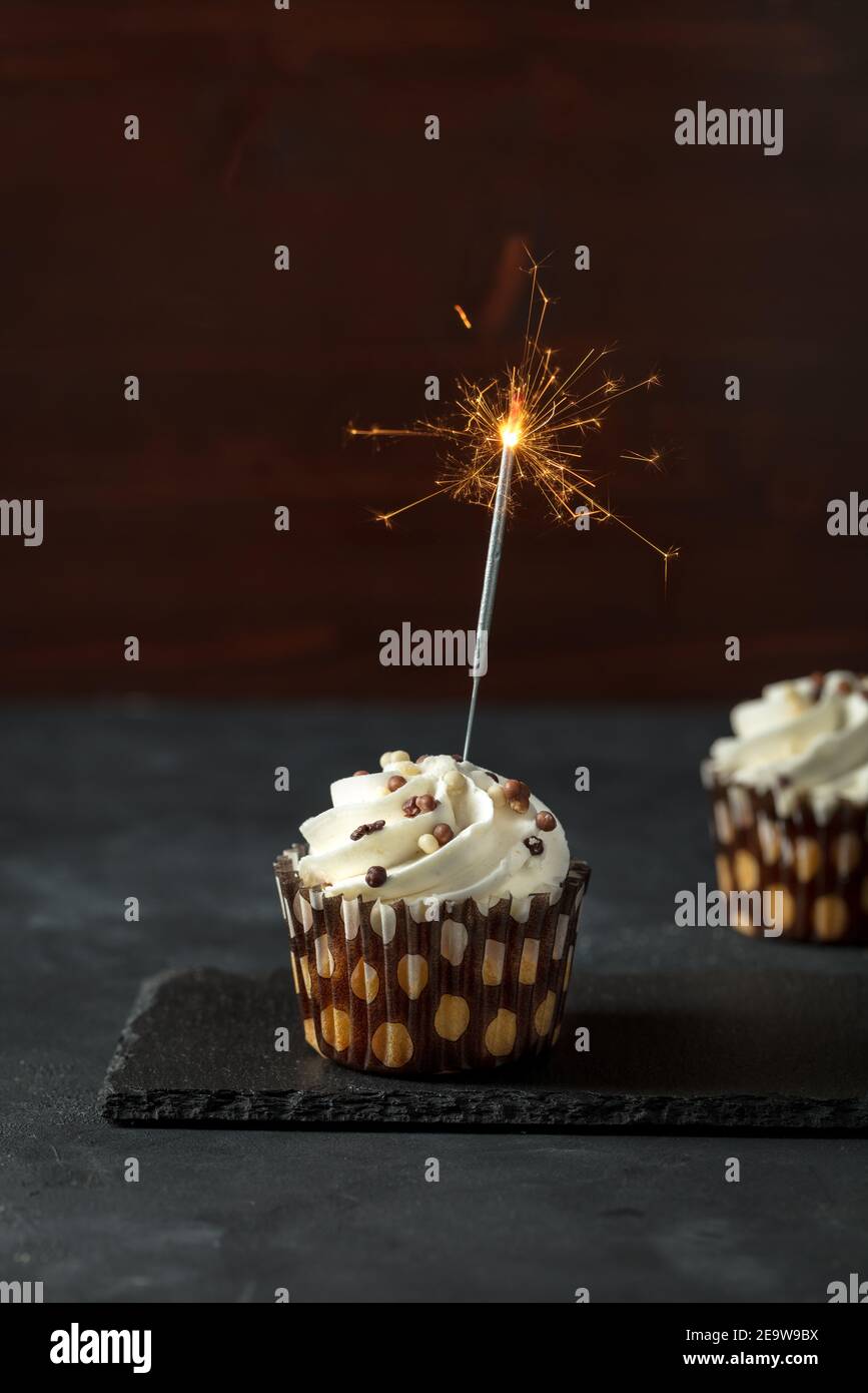 Vanilla and Chocolate Cupcake with sparkler on dark background with copy space Stock Photo