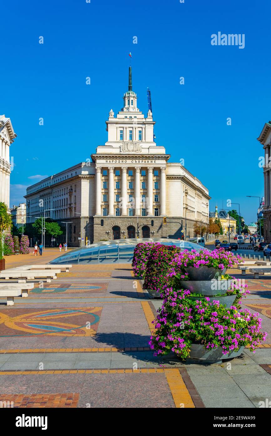 Three Socialist Classicism buildings at Largo square in Sofia, Bulgaria ...
